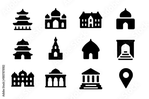 Global Cultural Palaces Icons. Cultural palaces. Solid icon set of Cultural palaces: Asian pagoda, Indian palace, European chateau, Arabic dome, Japanese