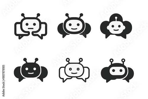 AI Chatbot Logos. AI chatbot interaction. Icon set. Set Logo of AI chatbot interaction: Cloud-based AI system. harmonious logo variations of the same