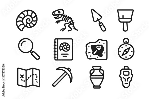 Fossil Discovery Icons. Fossil discovery. Line icon set of Fossil discovery: fossil, skeleton, trowel, brush, magnifying glass, notebook, excavation site,