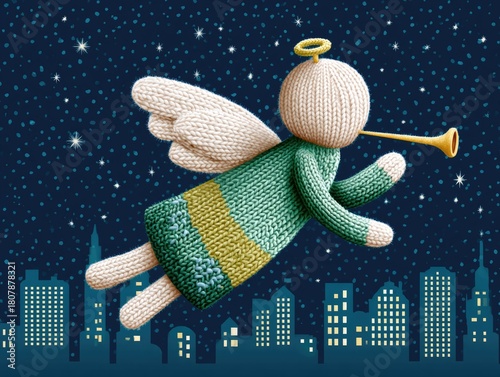 A cartoon angel flies with a horn over a winter city at night. Children's illustration, Christmas card