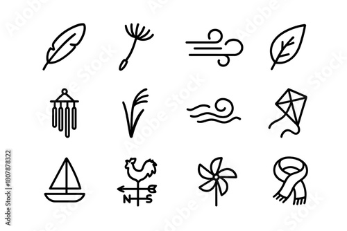 Whispering Wind Icons. Whispering winds. Line icon set of whispering winds: feather, dandelion seed, wind swirl, leaf, wind chime, reed grass, cloud wisps,