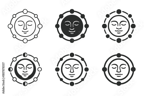 Moon Phase Icons. Moon phases. Icon set. Set Logo of moon phases: crescent-to-full sequence along a curved path. harmonious logo variations of the same