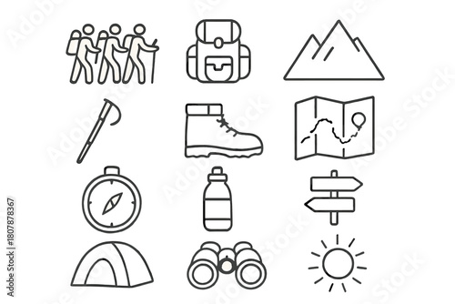Hiking Essentials Icons. Hiking club. Line icon set of Hiking club: group of hikers, backpack, mountain, walking stick, hiking boots, map, compass, water