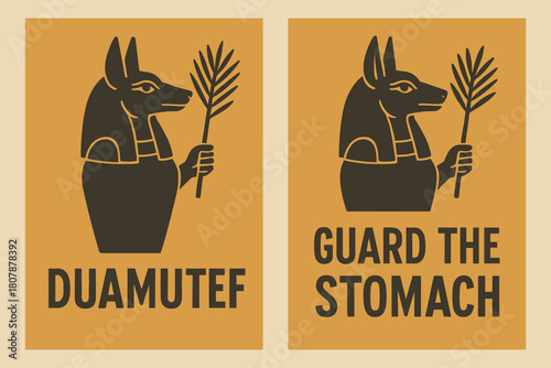 Duamutef Banner Pair. Canopic Protector. Two vertical A6 banners with safe margins, centered composition, no elements touching edges, flat vector design, ochre
