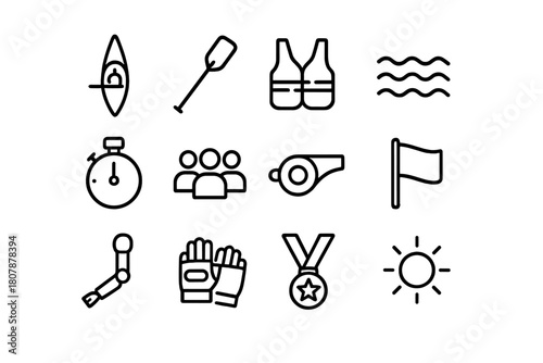 Adaptive Rowing Icons. Adaptive rowing. Line icon set of adaptive rowing: rowing boat, oar, life jacket, waves, stopwatch, team, whistle, flag, prosthetic arm,