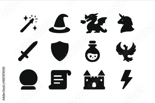 Fantasy Icon Collection. Modern Fantasy & Mythology. Solid icon set of Modern Fantasy & Mythology: dragon, wizard hat, magic wand, castle, unicorn, shield,