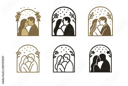 Wedding Kiss Icons. Wedding Kiss Under Confetti. Icon set. Set Logo of Wedding Kiss: confetti heart explosion over couple. harmonious logo variations of the