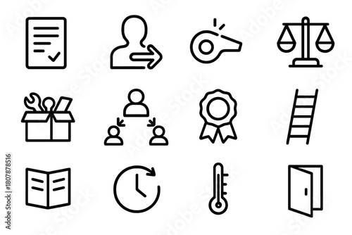 Manager Toolkit Icons. Manager response toolkit. Line icon set of manager response toolkit: expectation document, role clarity, coaching whistle, workload