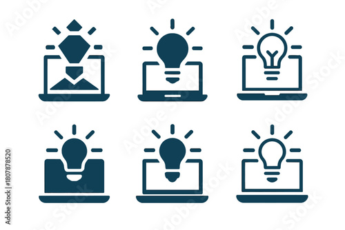 Online Creativity Logos. creativity online. Icon set. Set Logo of creativity online: glowing idea emerging from screen. harmonious logo variations of the same