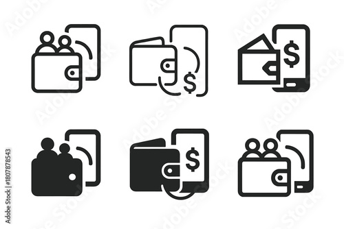 Family Finance Icons. Tracking family finances using an app. Icon set. Set Logo of tracking family finances using an app: family budget dashboard. harmonious