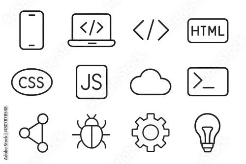 Mobile App Icons. Mobile app development. Line icon set of mobile app development: smartphone, coding brackets, gear, cloud upload, UI layout, database,