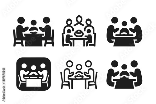 Family Meal Icons. Sharing a family meal. Icon set. Set Logo of sharing a family meal: plate with heart-shaped food. harmonious logo variations of the same