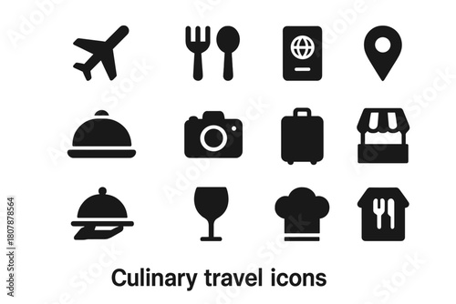 Culinary Travel Icons. Culinary travel. Solid icon set of Culinary travel: airplane, fork and spoon, passport, map pin, dish cover, camera, suitcase, market