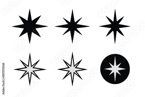 Starburst Logo Variations. Bright light in dark. Icon set. Set Logo of bright light in dark: starburst symbol. harmonious logo variations of the same
