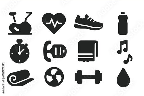 Healthy Lifestyle Icons. Healthy Lifestyle. Solid icon set of Healthy Lifestyle: heart, apple, running shoes, water bottle, yoga mat, dumbbell, bicycle, pulse