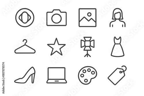 Visual Branding Icons. Visual Branding. Line icon set of Visual Branding: logo, camera, photo frame, model, hanger, star, light, dress, shoe, laptop, palette,