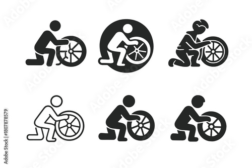 Bicycle Repair Icons. fixing a bicycle. Icon set. Set Logo of fixing a bicycle: oiling the bike chain. harmonious logo variations of the same emblematic