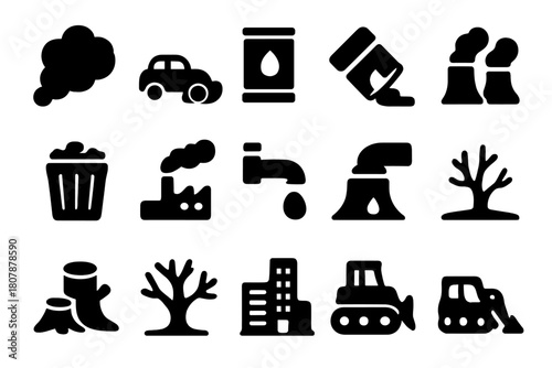 Pollution Icon Set. Pollution. Solid icon set of Pollution: smoke, car exhaust, oil barrel, chemical spill, trash, factory, pipeline, power plant,