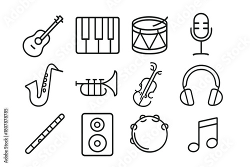 Musical Icon Set. Musical instruments. Line icon set of musical instruments: guitar, piano keys, drum, microphone, saxophone, trumpet, violin, headphones,