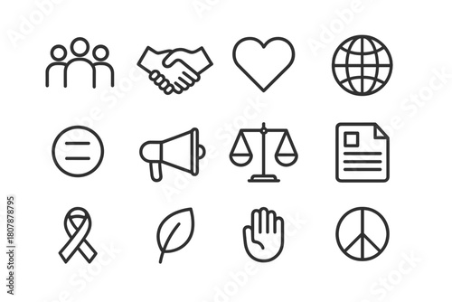 Diversity Icon Set. Diversity and inclusion. Line icon set of diversity and inclusion: people group, handshake, heart, globe, equality symbol, megaphone,