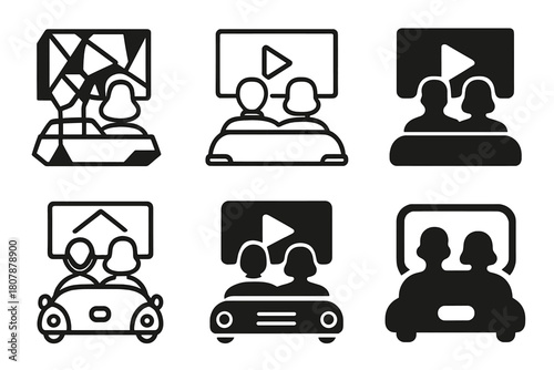Retro Couple Logos. Retro couple. Icon set. Set Logo of retro couple: couple watching a drive-in movie. harmonious logo variations of the same emblematic