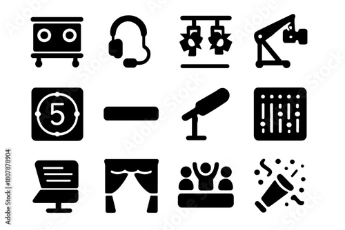 Stage Equipment Icons. Production & Stage. Solid icon set of Production & Stage: caster desk, commentator mic, stage lights, camera crane, countdown clock,