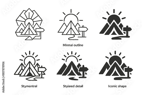 Camping Adventures Logos. Group camping adventures. Icon set. Set Logo of group camping adventures: sunrise over clustered tents with trailhead sign.