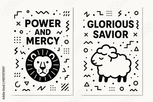 Lion and Lamb Banners. Lion and Lamb. Two vertical A6 banners with safe margins, centered composition, no elements touching edges, memphis, black and white,