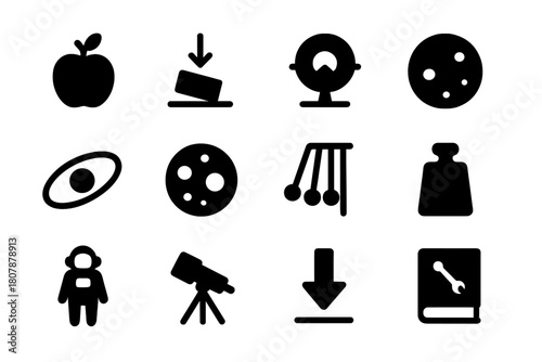 Newtonian Physics Icons. Newtonian physics. Solid icon set of Newtonian physics: apple, falling object, scale, planet, orbit, moon, pendulum, astronaut,