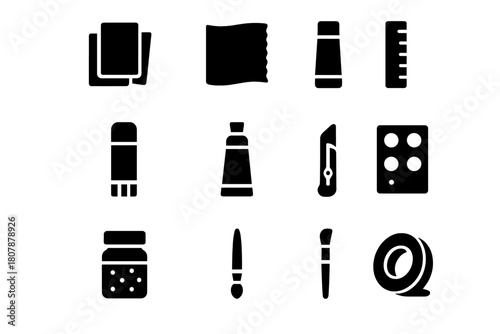 Art Collage Essentials. Art collage materials. Solid icon set of Art collage materials: colored paper, fabric piece, cardboard, glue stick, paint tube, ruler,