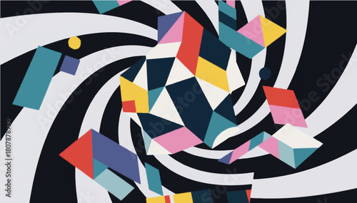 Abstract cubist-style illustration consisting of many multi-colored geometric planes. Vector graphics. EPS.