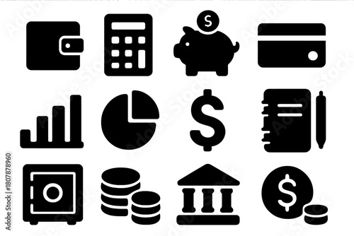 Budget Management Icons. Budget Management. Solid icon set of Budget Management: wallet, calculator, piggy bank, credit card, bar chart, pie chart, dollar