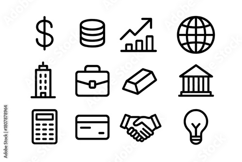 Billion Icon Set. Billion. Line icon set of billion: dollar sign, coin stack, graph arrow, globe, skyscraper, briefcase, gold bar, bank, calculator, credit