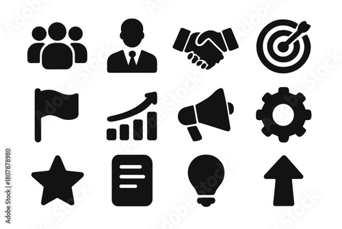 Team Leadership Icons. Team leadership. Solid icon set of team leadership: people group, person in front, handshake, target, flag, chart, megaphone, gear,