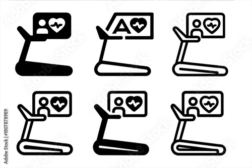 Personalized Fitness Logos. Personalized fitness equipment. Icon set. Set Logo of personalized fitness equipment: treadmill interface. harmonious
