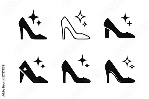 Pop Diva Icon Set. McBling. Icon set. Set Logo of pop diva: high heel with star sparkle. harmonious logo variations of the same emblematic concept, each with