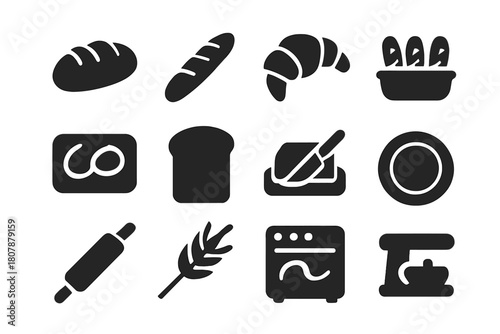 Bakery Icons Display. Bakery display. Solid icon set of bakery display: bread loaf, baguette, croissant, basket, tray, slice, butter, knife, plate, rolling