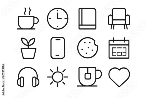 Break Time Icons. Break Time. Line icon set of Break Time: coffee cup, clock, book, chair, plant, phone, snack, calendar, headphones, sun, tea cup, heart. All