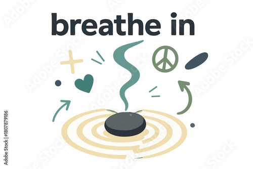 Pebble Meditation Focus. Pebble ? Meditation Focus. A single pebble rests at the center of soft sand spirals; incense smoke curves upward. Caption ?breathe