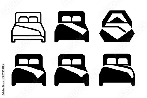 Bedroom Linens Logos. Transforming a bedroom with new linens. Icon set. Set Logo of transforming a bedroom with new linens: neatly made bed. harmonious logo