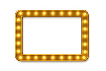 Golden retro light bulb frame with glowing marquee lights, vintage cinema sign, transparent background for showbiz events