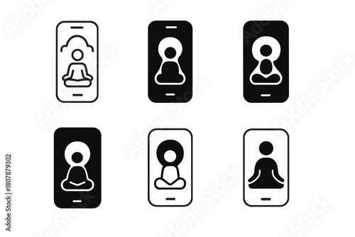 Meditation App Logos. using a meditation app. Icon set. Set Logo of using a meditation app: smartphone with tranquil landscape. harmonious logo variations of