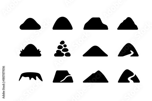 Black Mound Icons. Mound. Solid icon set of Mound: earth heap, hillock, berm, soil pile, grassy knoll, stone cairn, dune, barrow, crater rim, terrace step,