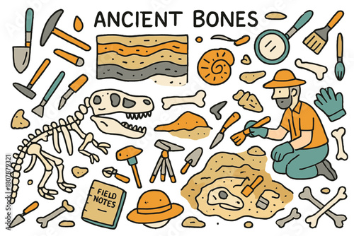 Dinosaur Fossil Excavation Essentials. Ancient bones. Hand-drawn doodle illustration paleontologist (colored), dinosaur skeleton (colored), fossils (colored),