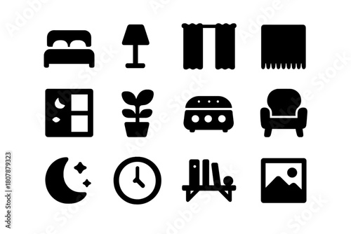 Peaceful Bedroom Icons. Peaceful bedroom. Solid icon set of Peaceful bedroom: bed, night lamp, curtain, rug, window, plant, sound machine, chair, moonlight,