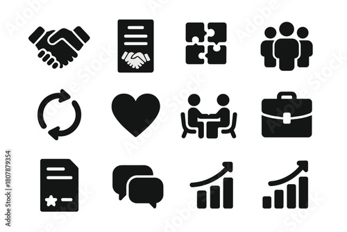 Partnership Icons Grid. Partnership. Solid icon set of partnership: handshake, contract, puzzle pieces, alliance, people group, arrows circle, heart, meeting,
