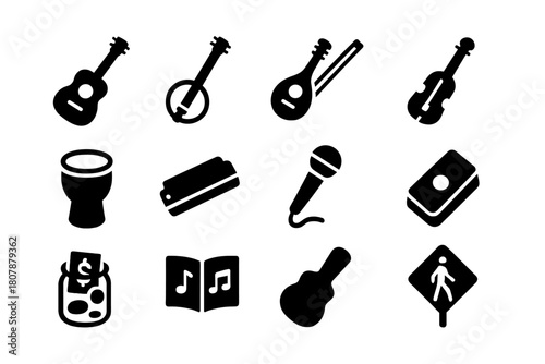 Indie Folk Icons. Indie Folk Street Performers. Solid icon set of Indie Folk Street Performers: acoustic guitar, banjo, mandolin, fiddle, hand drum, harmonica,