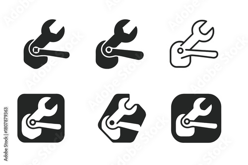 Door Hardware Icons. Replacing door hardware (knob or handle). Icon set. Set Logo of replacing door hardware (knob or handle): handle and key silhouette on