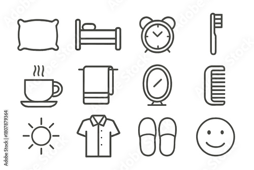Morning Routine Icons. Morning Routine. Line icon set of Morning Routine: pillow, bed, alarm clock, toothbrush, cup of coffee, towel, mirror, comb, sunlight,