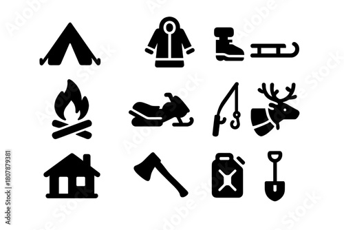 Tundra Life Icons. Human Life in the Tundra. Solid icon set of Human Life in the Tundra: tent, fur coat, snow boots, sled, campfire, snowmobile, fishing rod,
